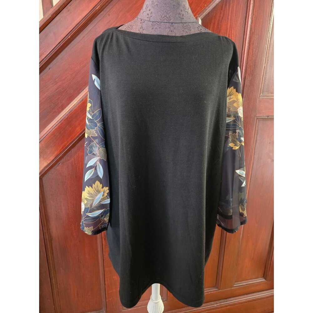Floral Sheer Sleeve Black Top By Amaryllis 2X Womens Blouse
